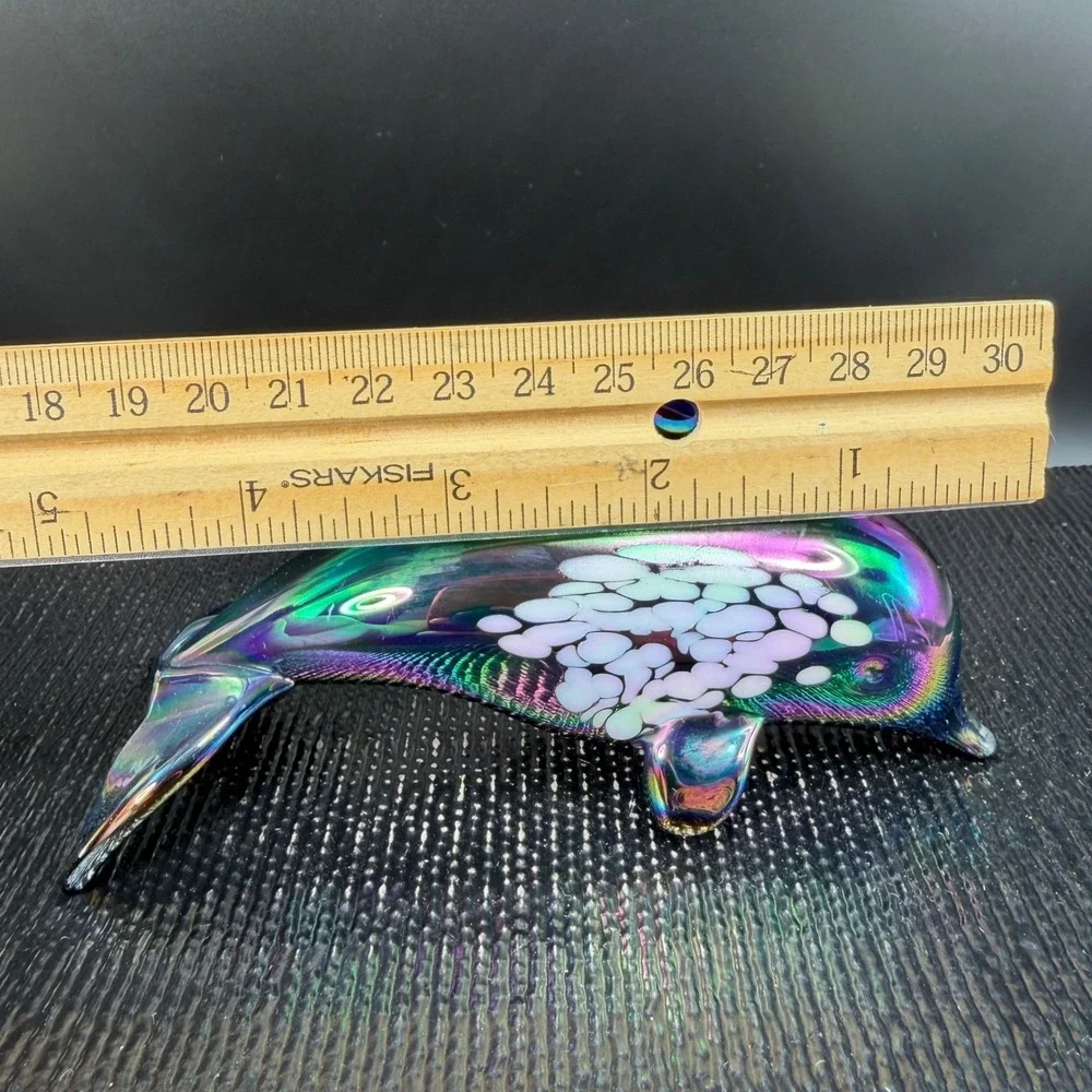 Pele of Hawaii Glass Iridescent Dolphin Figurine Carnival Glass White Spotted